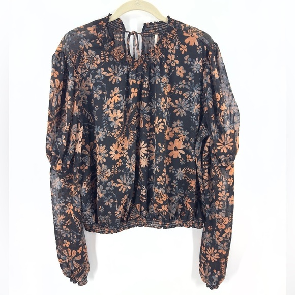 Free People Clarissa Printed Top Size L Boho Puff Long Sleeve Semi Sheer Floral - Picture 3 of 13